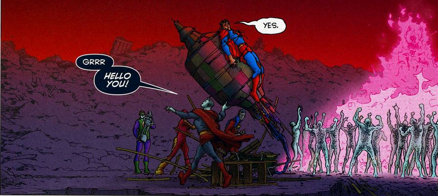 bizarro superman throws a spaceship with superman tied to it