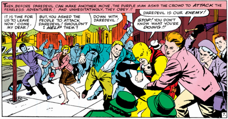 A crowd of people attacking Daredevil