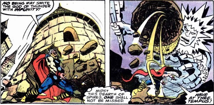 thor uprooting and throwing a tower
