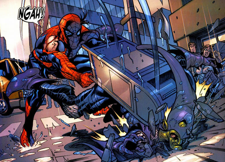 spider-man pummels the green goblin with
mailbox