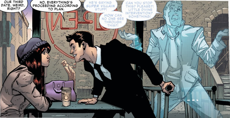 peter and MJ talk in a cafe with peter's ghost in the background