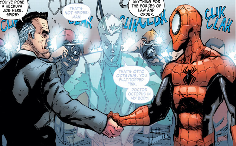 j. jonah jameson shakes hands with spider-man