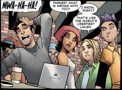otto octavius laughing at the j. jonah jameson prank.
