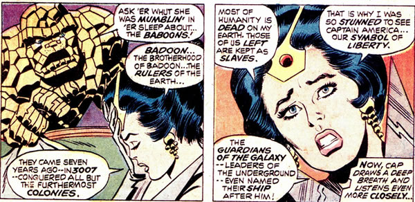 Tarin informs Captain America and the Fantastic Four of what is happening in the year 3014