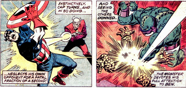 Both Captain America and the Thing being defeated by the Badoon