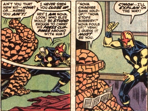 Nova showing the Thing newspaper clippings of himself