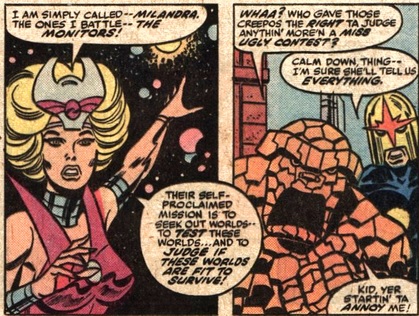 An alien woman talking to the Thing and Nova