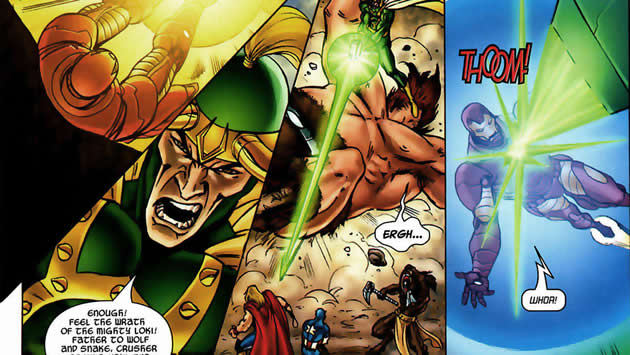 iron man wards of loki's attack with his armor's shield